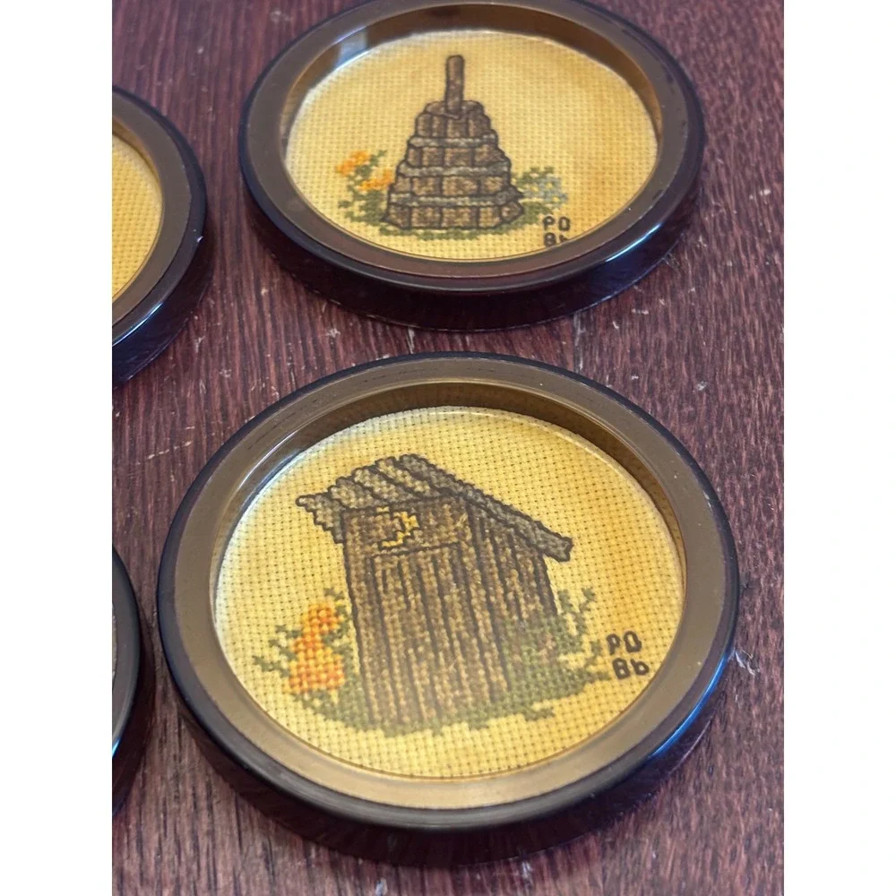 Vintage Needlepoint Coasters‎ Set of 4 Americana Outhouse Moonshine Made in USA